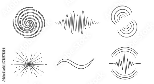 Six abstract graphic elements: a spiral, a wave, concentric circles, a sunburst, a curved line, and a waveform within a circle.