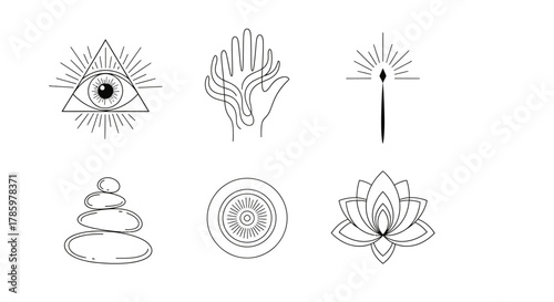 Collection of spiritual symbols: all-seeing eye in triangle, hand with lines, burning match, stacked stones, concentric circles, and lotus flower.