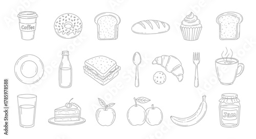 Quadro em tela Line art illustration featuring an assortment of breakfast and brunch food items, including pastries, fruits, and beverages