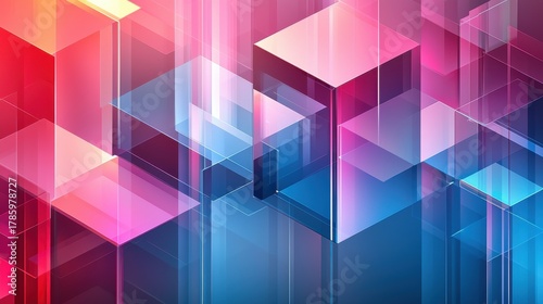 Interference contrast bands geometric laser light patterns translucent cubic structures gradient spectrum red pink magenta purple cyan blue optical physics modern