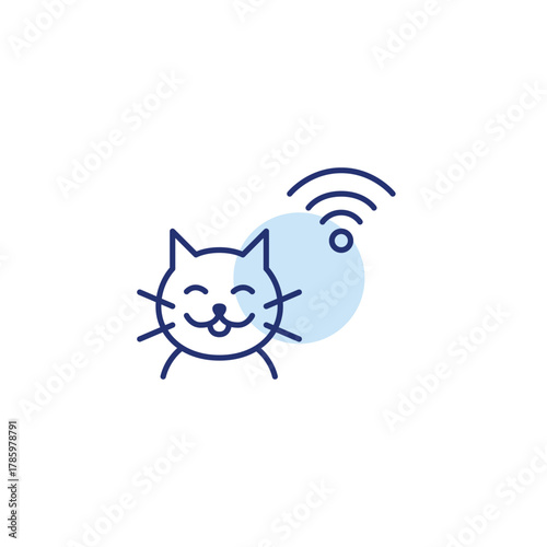 Happy cat and wi-fi. Pet monitoring, smart tracking devices. Internet of things care. Pixel perfect, editable stroke vector icon