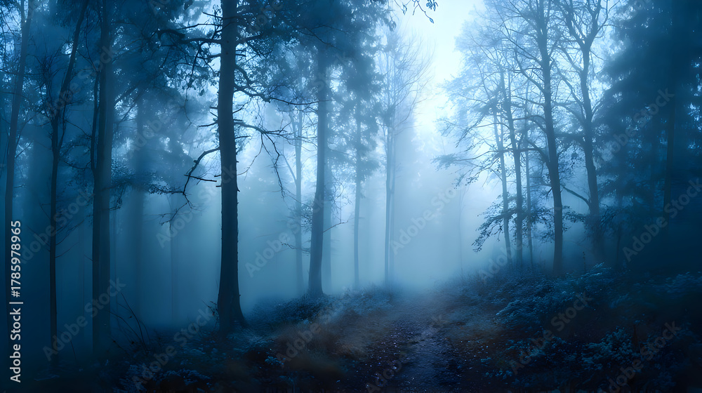 Naklejka premium Misty forest with blue atmosphere