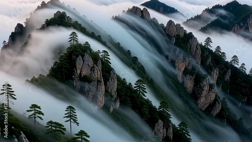 Majestic mountain peaks emerge from swirling mist, creating an ethereal, dreamlike landscape.