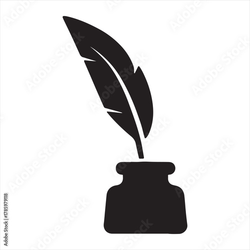 Silhouette of a quill pen standing upright in a classic inkwell on a white background
