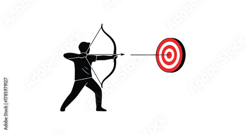 Silhouette of an archer aiming and shooting an arrow directly at the bullseye of a target