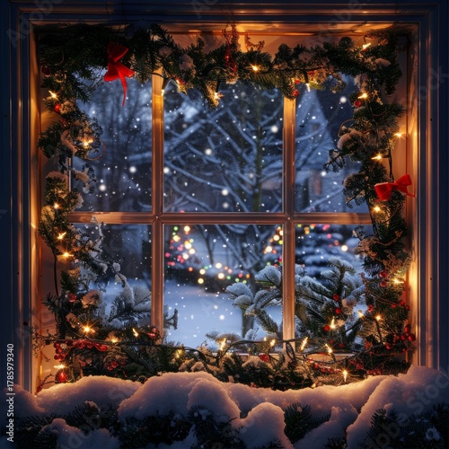 a window decorated with christmas lights and snow outside, cozy home scene