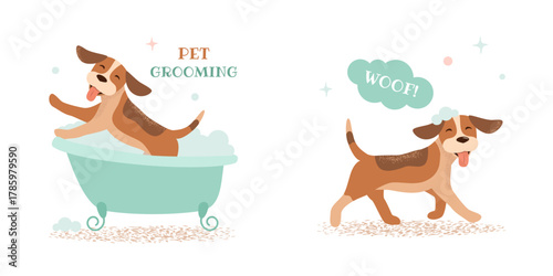 Dog spa and grooming service concept. Cute doggy takes a bubble bath. Clean happy pet. Cartoon vector set illustration
