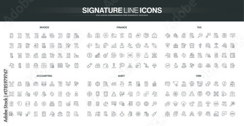 Comprehensive collection of thin line icons covering invoice, finance, tax, accounting, audit, and CRM concepts, suitable for business and financial themes isolated vector illustration
