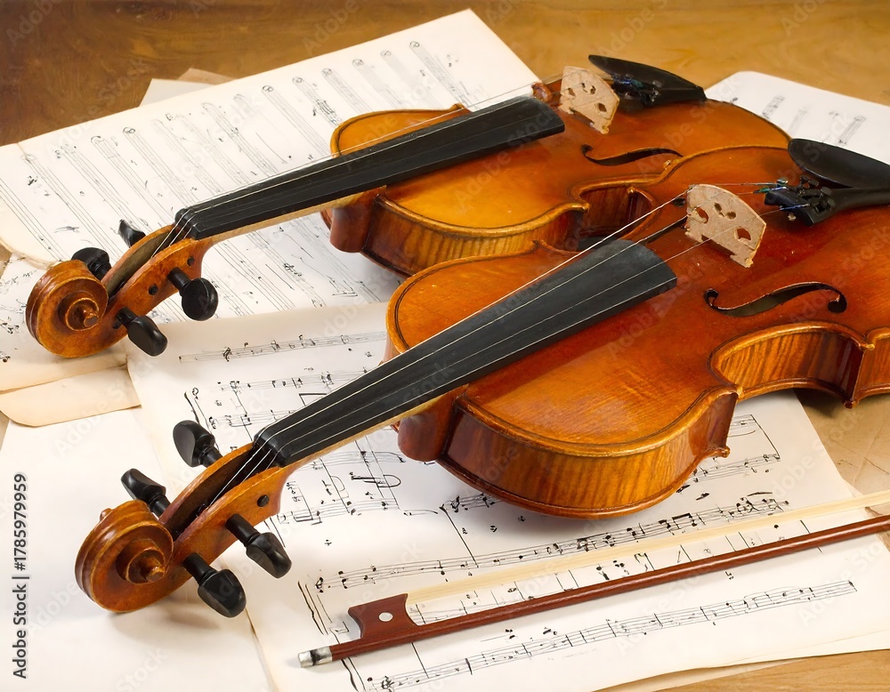 Naklejka premium Two classical stringed instruments sit on sheet music alongside a bow. Warm light accentuates their wooden construction