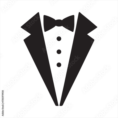Elegant black tuxedo icon with bow tie and buttons representing formal wear and special occasions