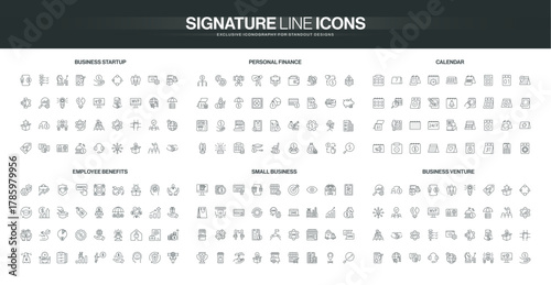 Comprehensive line icon set covering business startup, personal finance, calendar, employee benefits, small business, and venture concepts isolated vector illustration