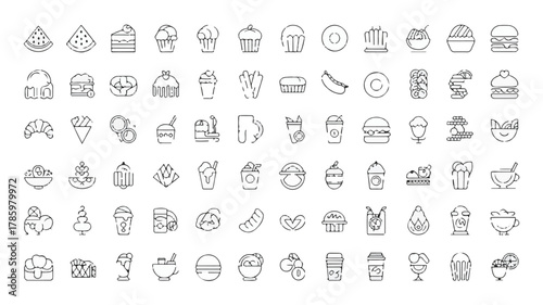A collection of 80 minimalist black line art icons arranged in 10 rows of 8 icons each, depicting various desserts, drinks, and pastries.  