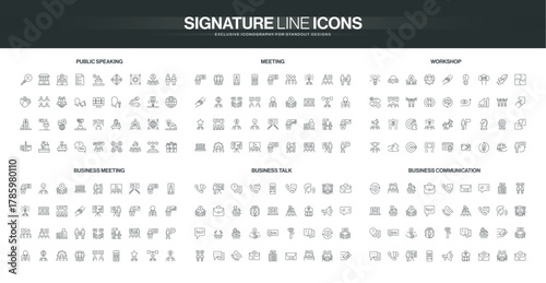 Collection of thin line icons showing public speaking, meetings, workshops, business talk, and communication concepts for teamwork, leadership, and collaboration isolated vector illustration