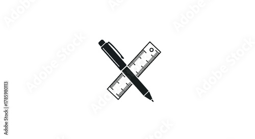 Black silhouette of a pen and a ruler crossed over each other on a white background representing design and measurement