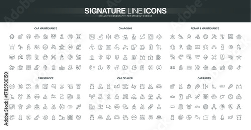 Comprehensive set of thin line icons covering car maintenance, charging, repair, service, dealer, and parts topics for automotive industry and technical concepts isolated vector illustration