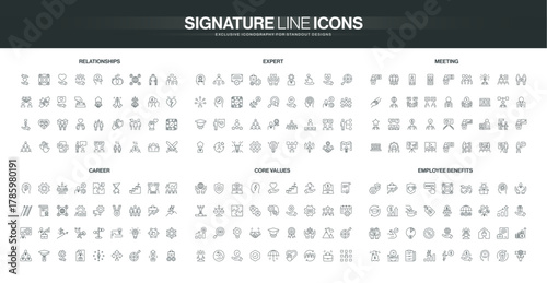 Comprehensive set of thin line icons covering relationships, expertise, meetings, career growth, core values, and employee benefits for business and HR concepts isolated vector illustration