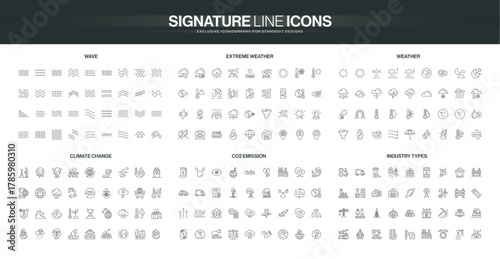 Comprehensive set of thin line icons covering climate change, CO2 emission, industry types, waves, extreme weather, and meteorological symbols isolated vector illustration