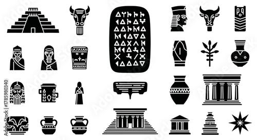 Collection of ancient Mesopotamian and Sumerian symbols including ziggurat, cuneiform tablet, deities, pottery, and architectural elements.