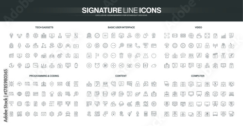 Modern line icons collection covers tech gadgets, user interface, video, coding, content, and computer themes, suitable for digital and web projects isolated vector illustration