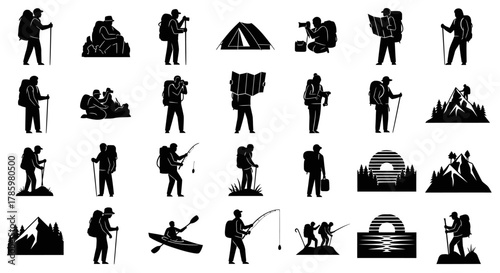 A collection of silhouette icons depicting various outdoor activities like hiking, camping, fishing, and kayaking.