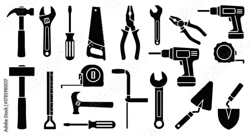 Collection of various construction and repair tools in black silhouette, including hammers, wrenches, saws, drills, and pliers.