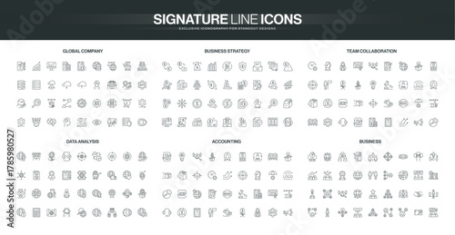 Comprehensive set of thin line icons covering global company, business strategy, team collaboration, data analysis, accounting, and business concepts isolated vector illustration