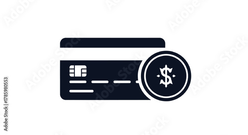 A dark blue credit card icon with a dollar coin symbolizing financial transactions and payment