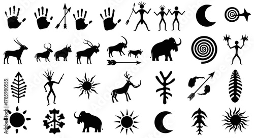 A collection of ancient cave painting-style drawings depicting humans, animals, celestial bodies, and handprints.
