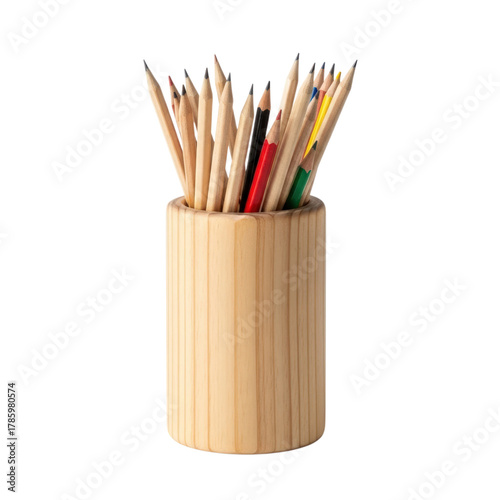 Wooden pencil holder with pencils isolated on transparent background