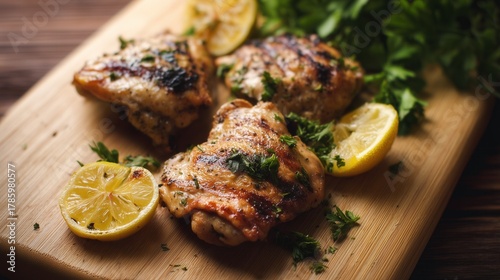 Fototapeta Naklejka Na Ścianę i Meble -  Grilled chicken thighs with lemon and herbs on wooden board. Generative AI