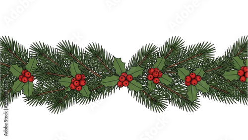 Hand-drawn Christmas garland with pine branches and holly berries, festive border for holiday designs