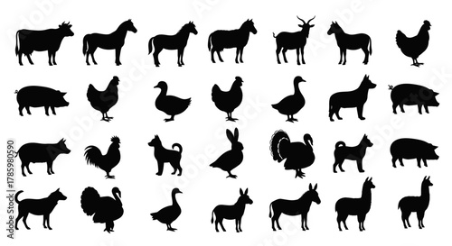 Collection of animal silhouettes, including farm animals, birds, and mammals, arranged in rows against a white background.