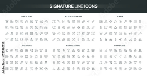 Comprehensive set of line icons covering clinical study, molecular structure, science, data science, machine learning, and data analysis topics isolated vector illustration