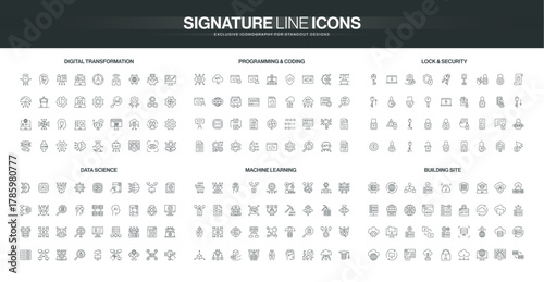 Modern line icons set covers digital transformation, coding, security, data science, machine learning, and building site concepts in technology and innovation isolated vector illustration