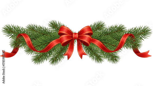 Festive green fir branch decoration adorned with a classic red bow and flowing ribbons, perfect for seasonal cheer and holiday designs