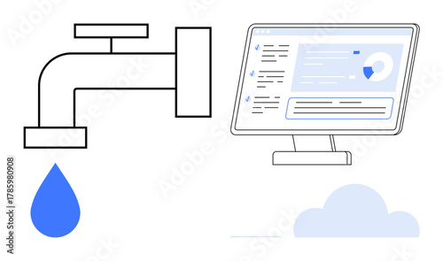 Water faucet releasing a drop next to a computer monitor with data visuals. Ideal for data flow, resource management, analytics, cloud computing, information technology, sustainability, simple flat