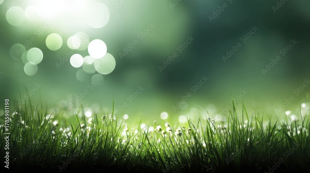 Obraz premium Soft Blurred Background of Fresh Green Grass with Morning Dew and Gentle Light Bokeh Effect for Nature and Outdoor Themes