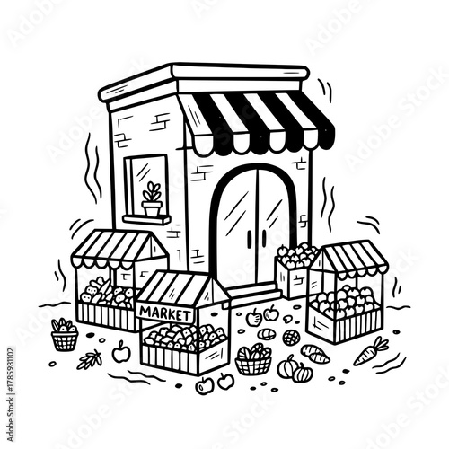 Black and White Farmers Market Illustration with Produce Stalls.