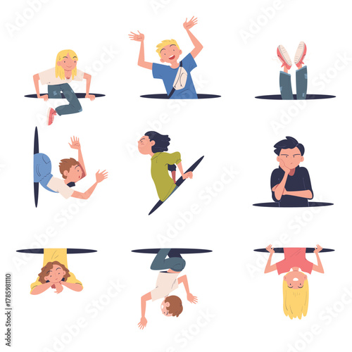 People Character Jumping Through Portal Enter Hole Vector Set