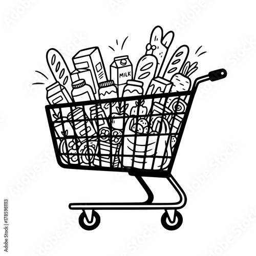 Shopping Cart Overflowing with Groceries in Black and White.