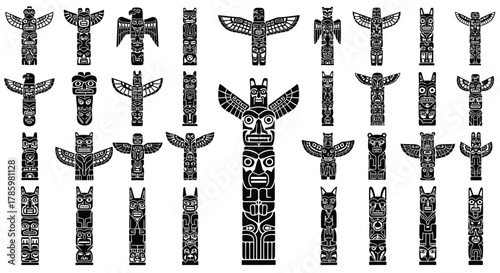 A collection of various stylized black and white totem pole illustrations.