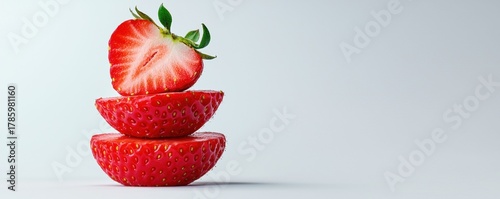 Stacked Strawberry Sensation: A sliced strawberry, stacked in a balanced tower, the vivid red color and intricate textures are a feast for the eyes.