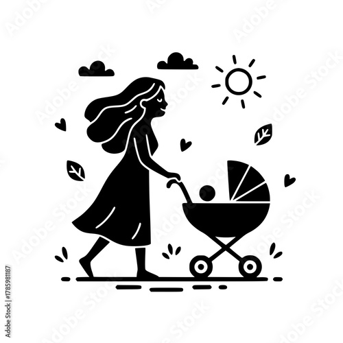 Silhouette of a Mother Pushing a Baby Stroller in a Serene Setting.