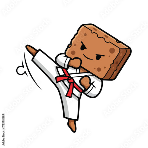 A cartoon brownie wearing a karate gi and red belt is doing a karate kick