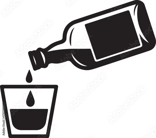 Black and white illustration of liquid pouring from bottle into glass