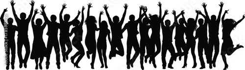 Cad drawing flat vector illustration, group of people jumping silhouettes, celebration pose, unity and joy concept, energetic movement, success expression design