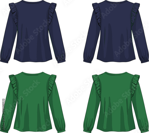 Women’s blouse, long sleeves, ruffled shoulders, elastic cuffs, navy blue top, green top, back view, fashion design, clothing catalog, stylish apparel, vector illustration