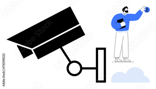 Oversized black camera facing a person holding a data icon and notebook. Cloud element represents storage. Ideal for cybersecurity, data privacy, technology, monitoring, surveillance, risk analysis