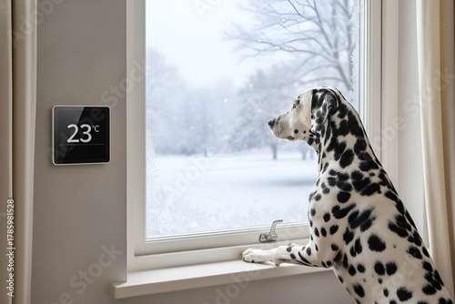 Dalmatian looking out a snowy window next to a thermostat set to 23°C