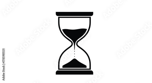 Simple black and white icon of an hourglass with sand flowing from top to bottom against a white background